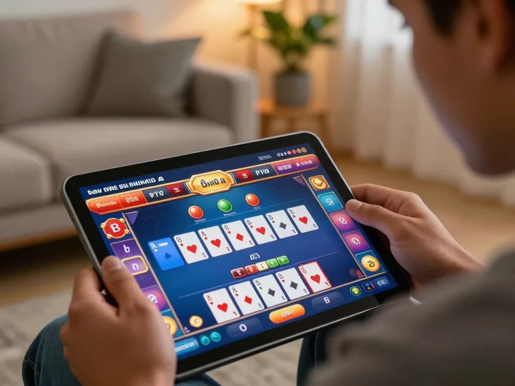 Engaging online session for game bài đổi thưởng, showing a focused player strategizing on a tablet.