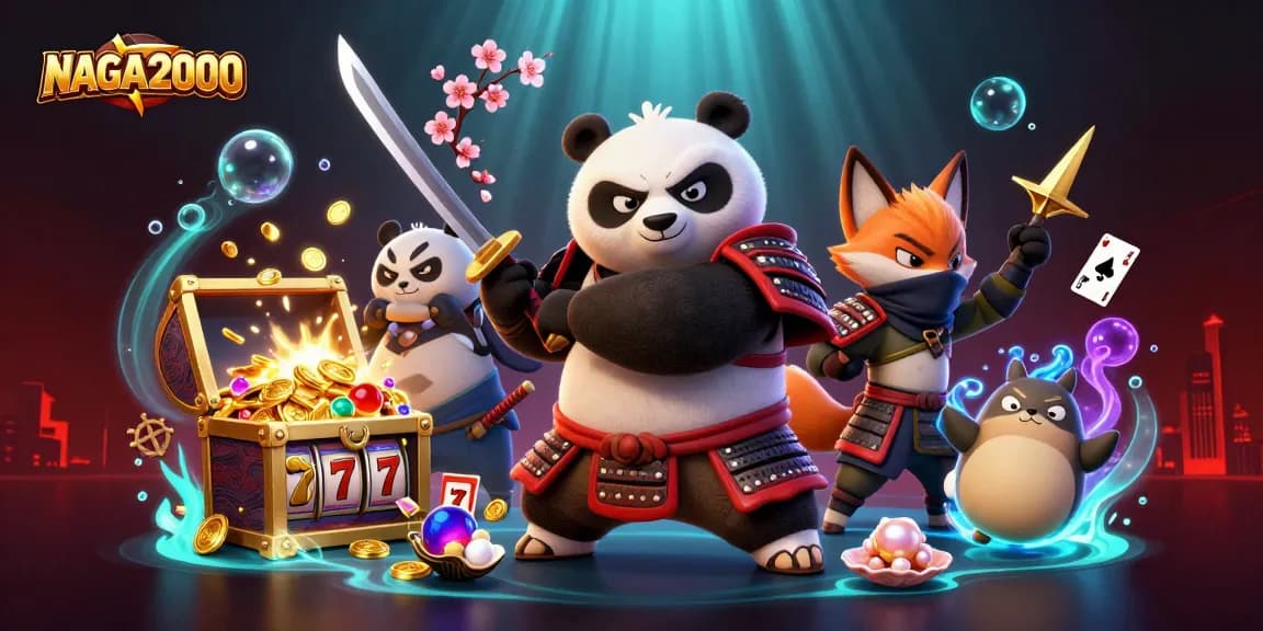 NAGA2000 menampilkan adegan dinamis dengan panda samurai, rubah ninja, dan tanuki ajaib di tengah gulungan slot dan harta karun.