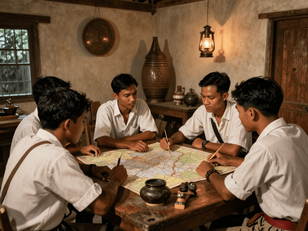 Indonesian freedom fighters strategizing for independence, rokok88 history
