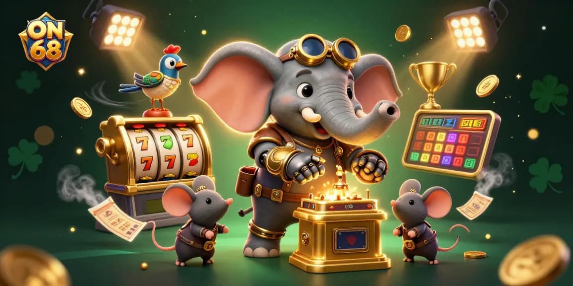 Play exciting slots at ON 68, featuring a playful steampunk elephant engineer and colorful casino elements.