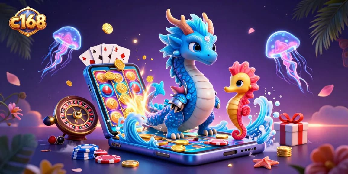 Experience the thrill of gaming with c168, featuring a majestic water dragon and casino elements.