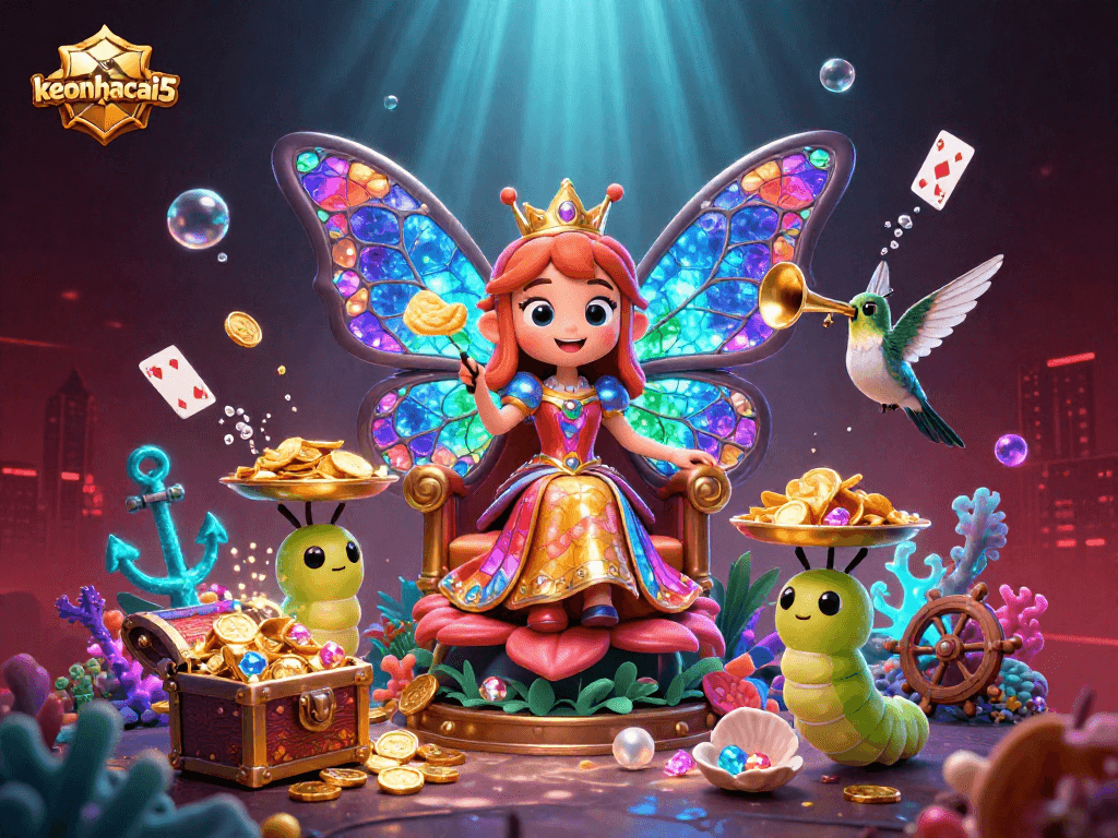Experience vibrant action with keonhacai5 where the butterfly queen reigns over a dynamic treasure-filled scene, showcasing gambling excitement.