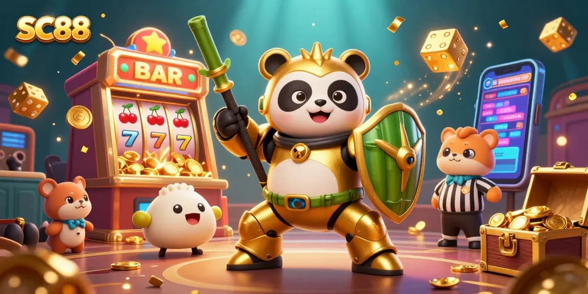 Engage with SC88 in this colorful casino scene featuring a mech-suit panda and dynamic game elements.