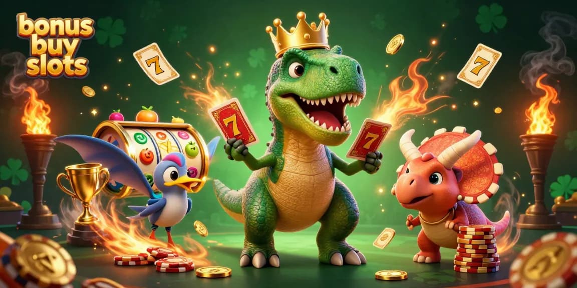 Engage in thrilling bonus buy slots gameplay with dynamic characters in a vibrant casino scene.