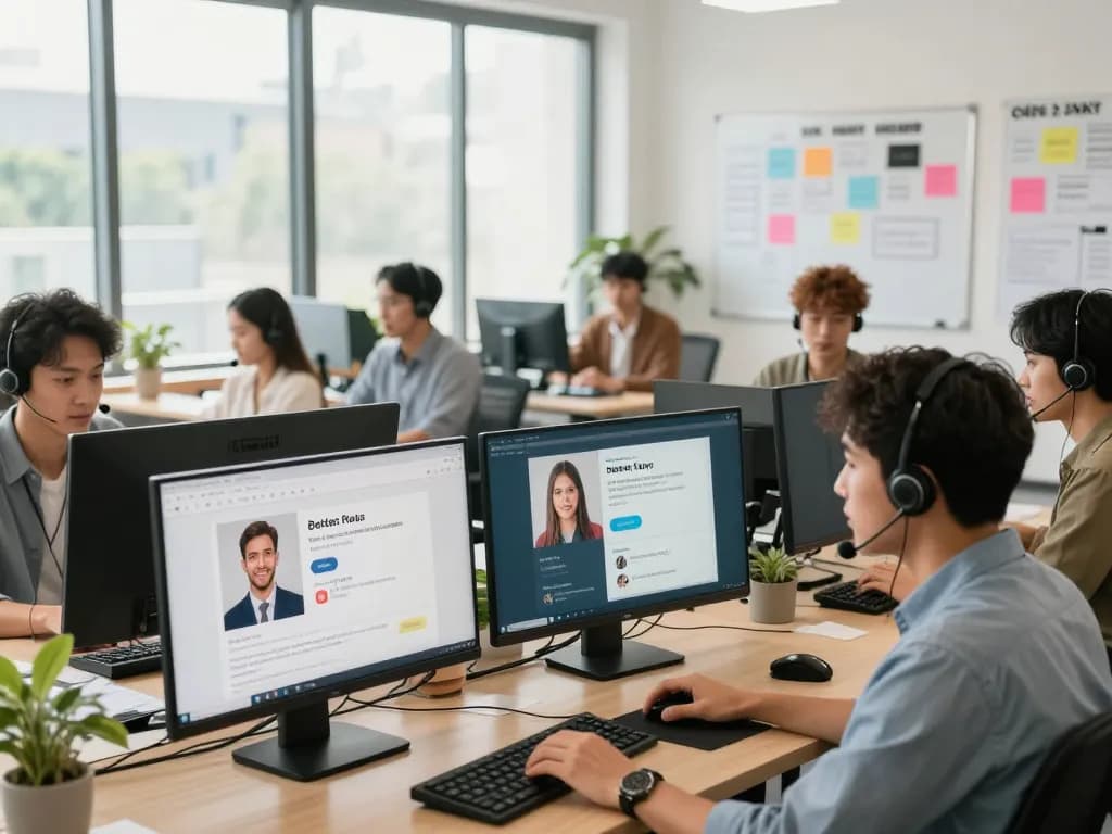 CSKH 24/7 hubet88 team offering exceptional client support and engagement in a modern office.