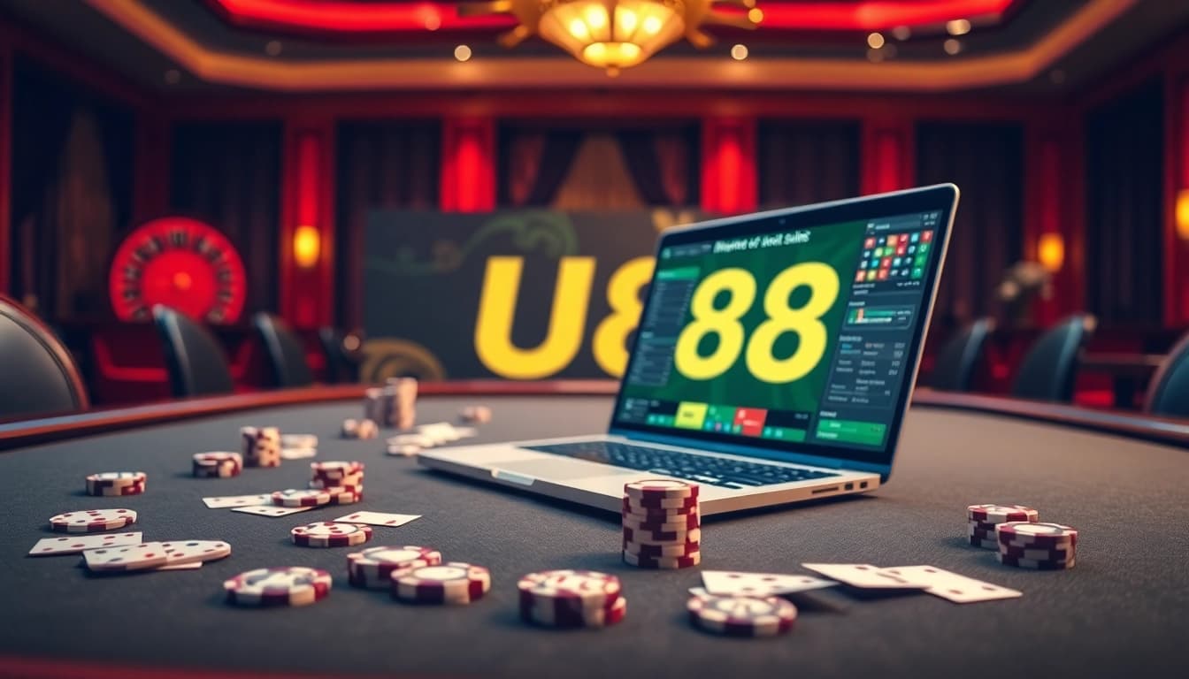 Experience the thrill of U888 as players engage at a professional casino table and online gambling interface.