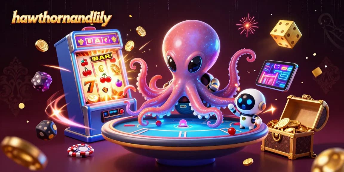 Experience thrilling gameplay on hawthornandlily with an alien octopus at a poker table amidst vibrant casino elements.