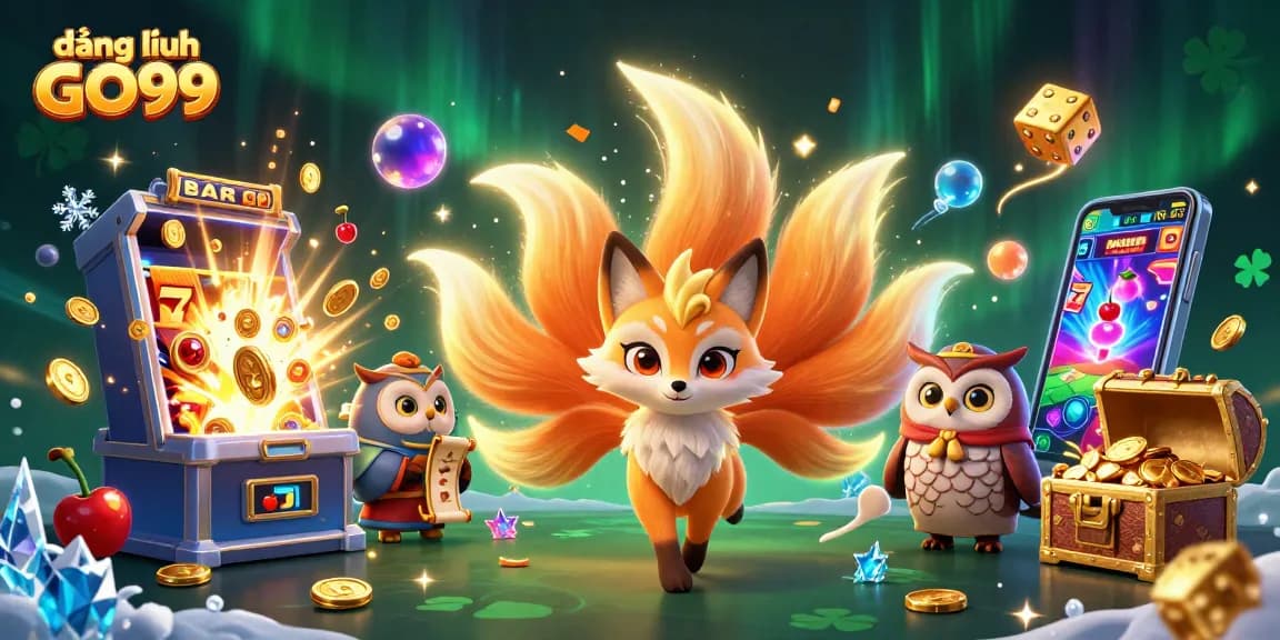 Experience the excitement of đăng nhập GO99 with a vibrant casino-themed 3D illustration featuring a magical fox and owl.
