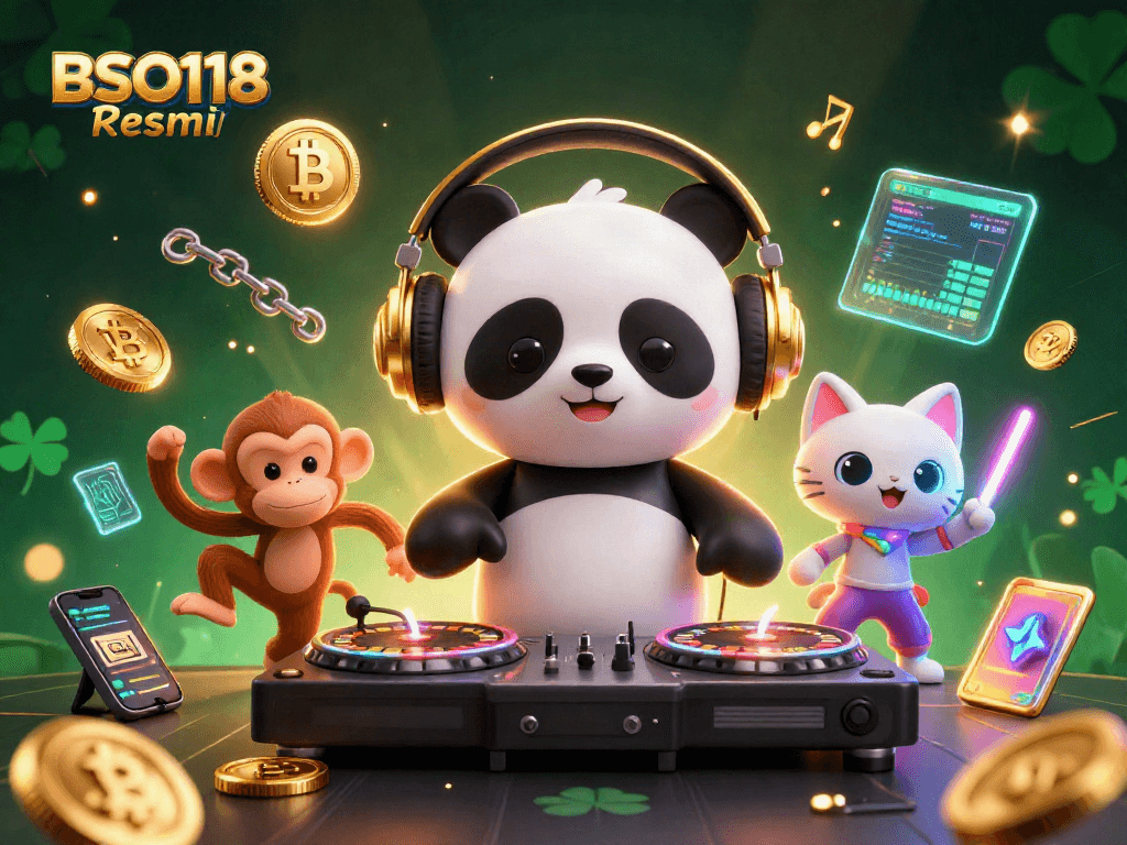 Experience the lively energy of BSO118 Resmi with a DJ panda, breakdancing monkey, and glowing kitten in vibrant casino action.