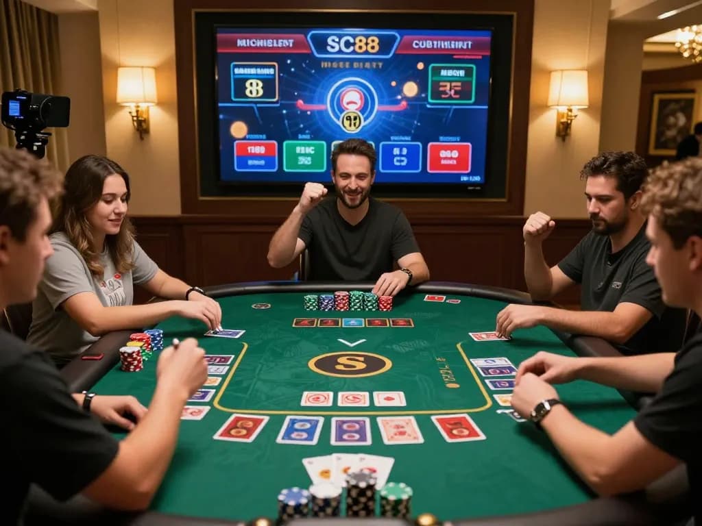 Players engage in Baccarat at SC88 online casino, celebrating wins with vibrant screen graphics