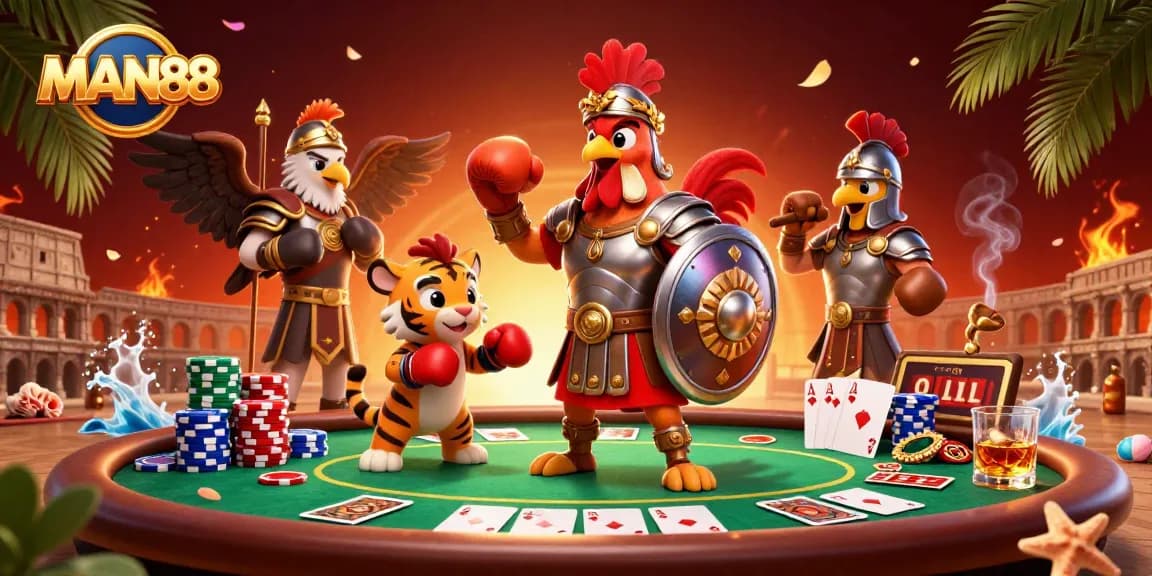 Engage with MAN88's thrilling casino action featuring a gladiator rooster amidst rich poker elements.