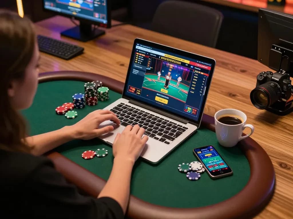 Player engaging with poker game on https://www.mnm88.com/, showcasing vibrant gaming setup with chips and drinks.