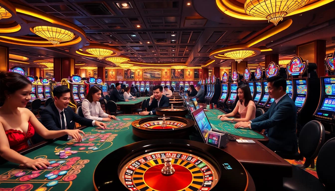Players enjoying thrilling games at Luckywin casino with vibrant slot machines and roulette tables.