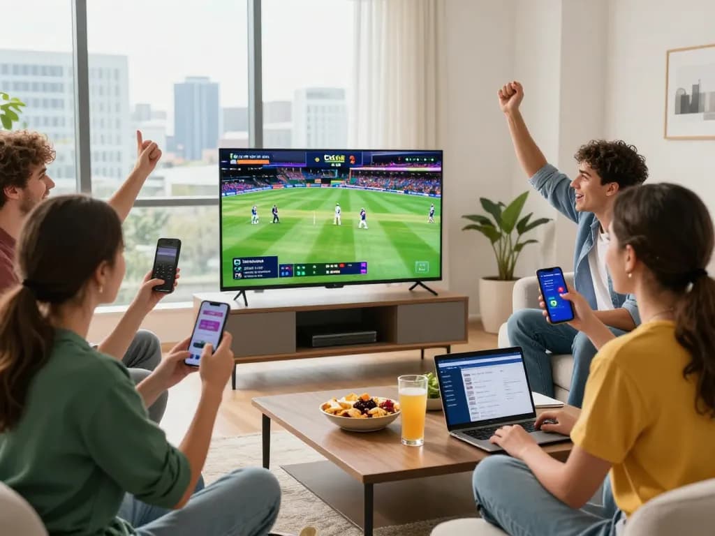 Excited friends engaging with Crickex login India during a cricket match viewing.