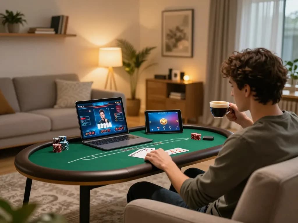 Cwin player engaging in poker game on a laptop in a cozy living room.