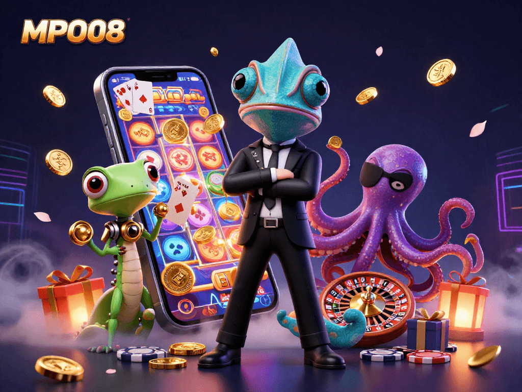 MPO08 showcases a vibrant 3D scene with a secret agent chameleon, tech gecko, and villainous octopus amidst slot game elements.