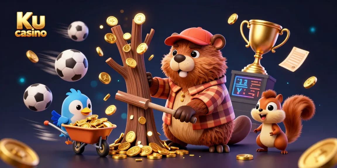 Engage in thrilling action at Ku casino with a vivid illustration of characters collecting gold coins amidst dynamic sports elements.