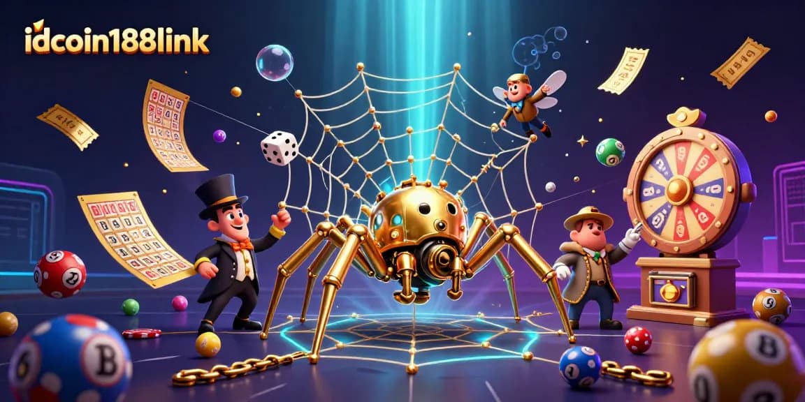 Engaging idcoin188link illustration of a steampunk spider in a lively casino scene.