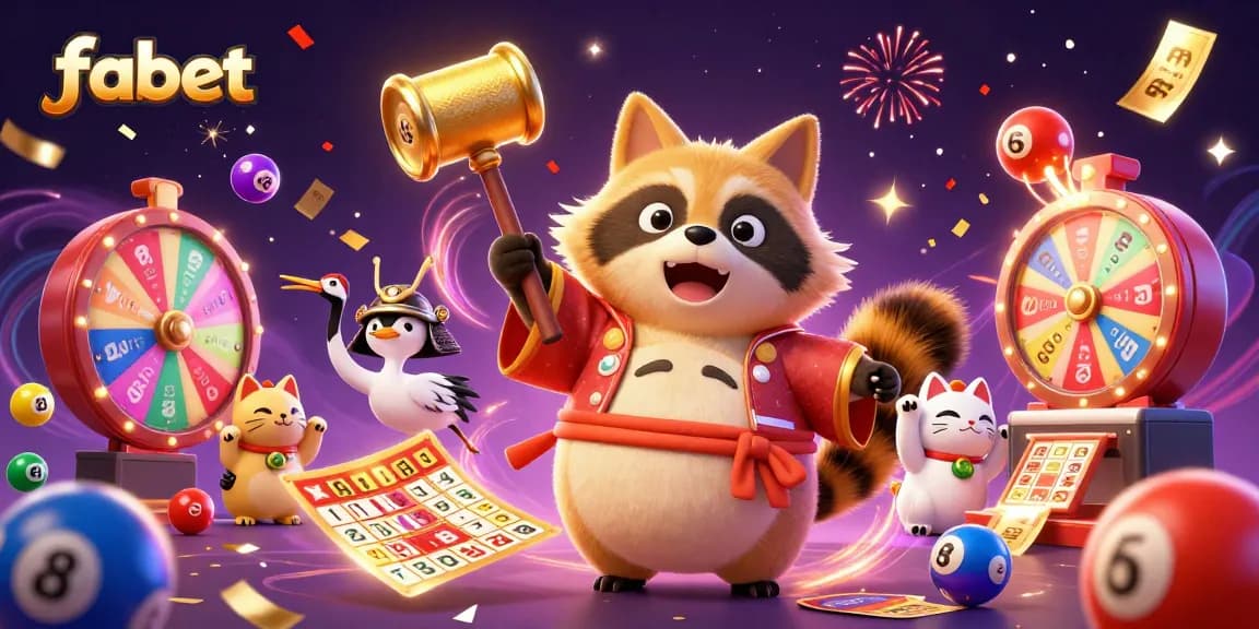 Engage with fabet's thrilling games, featuring a festive tanuki and crane in a lively casino scene.