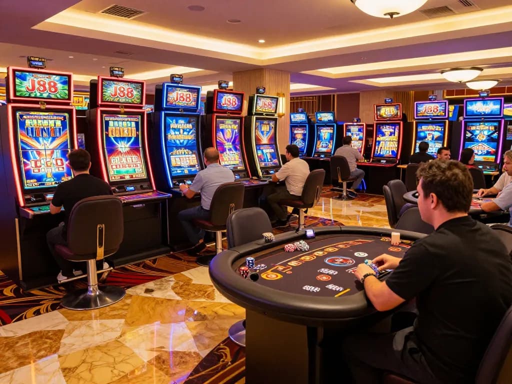 The j88 slot machines illuminate the vibrant casino floor as players eagerly engage in gaming.