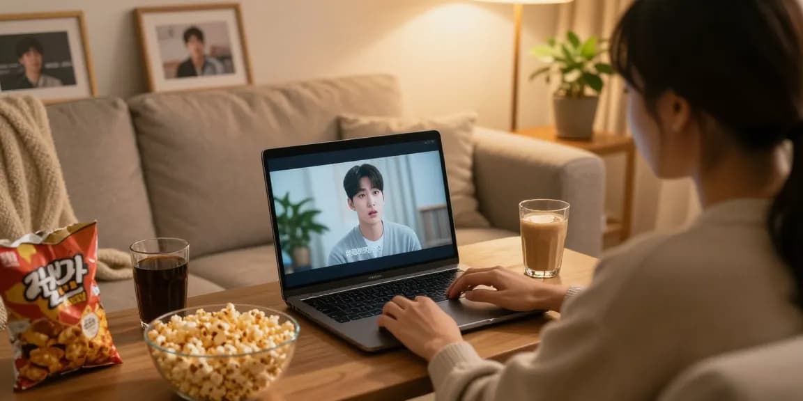 Nonton bokep korea in a cozy home setup with snacks and warm lighting.
