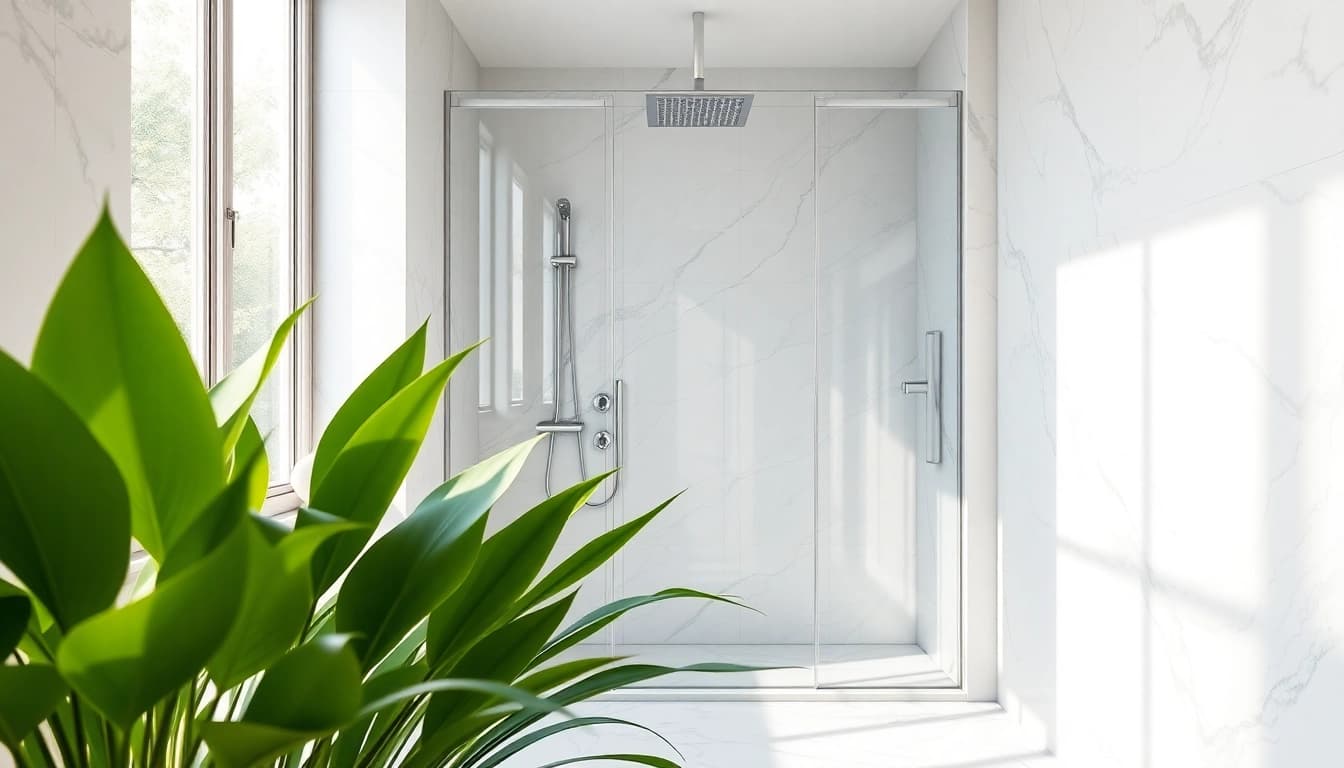 Experience elegant showers in a contemporary bathroom with lush greenery and natural light.