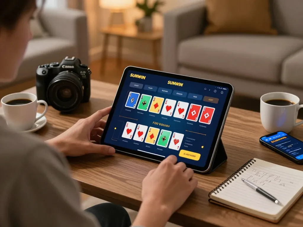 SUNWIN player engaging in virtual poker game on tablet with strategy notes in a cozy setting.