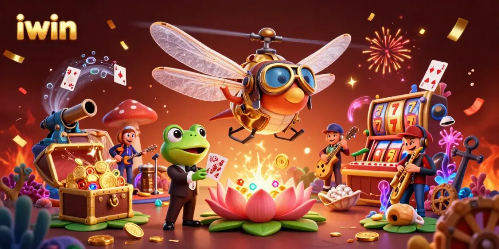 Experience excitement with iwin as the dragonfly pilot oversees a lively lily pad casino.