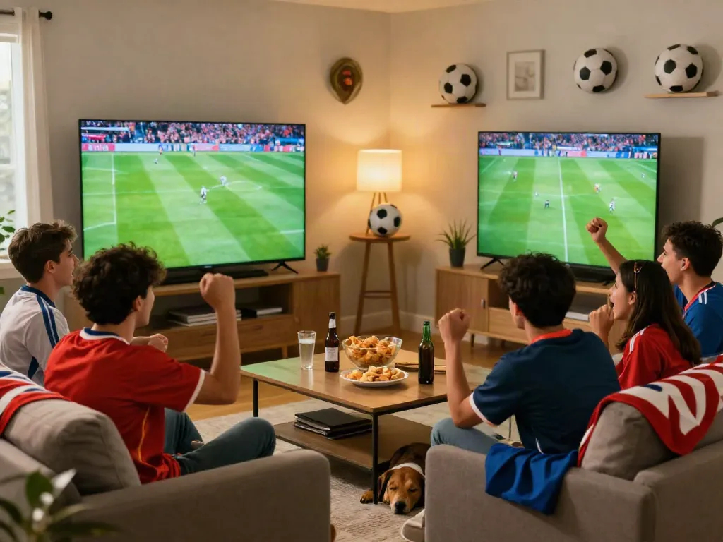 Fans enjoying live football streaming on https://xoilactvlive.net/ in a lively living room setting.