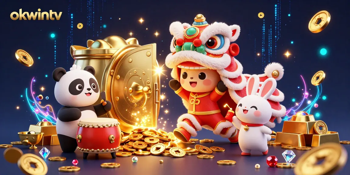 Engage with okwintv's vibrant festive scene showcasing a lucky lion dance with gems and gold.