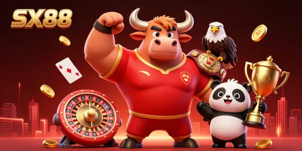 SX88 casino-themed 3D illustration showcasing a bull mascot celebrating with an eagle and panda amidst dynamic gambling elements.