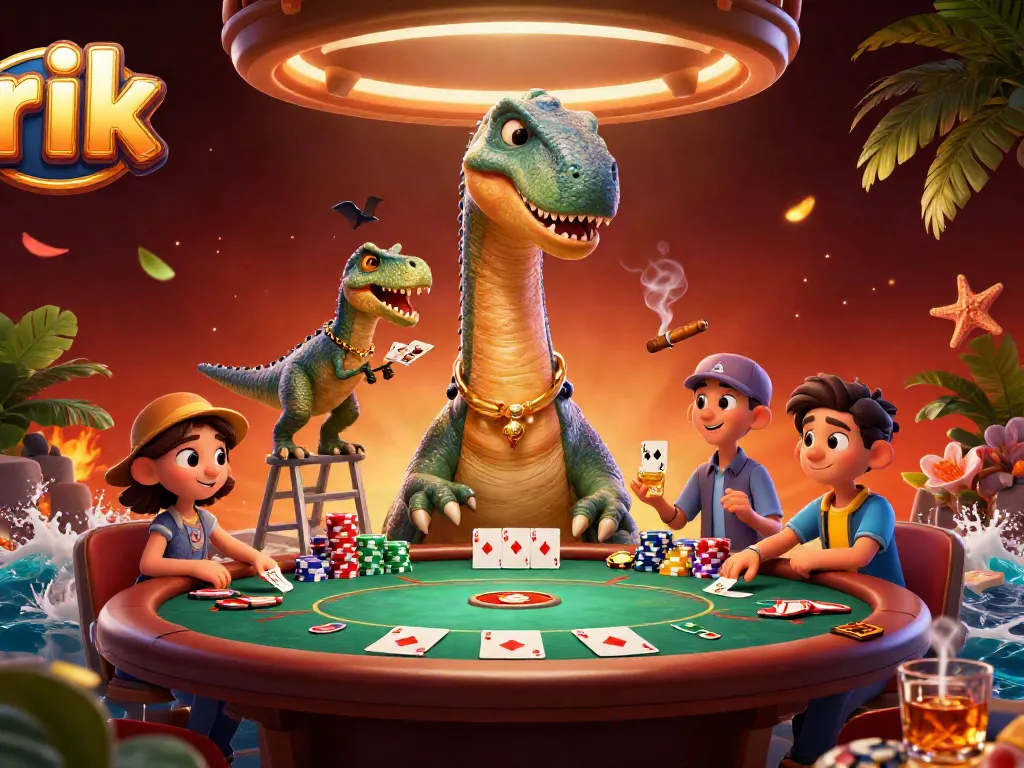 Experience thrilling poker action at rik casino with a brontosaurus dealer overseeing the game.