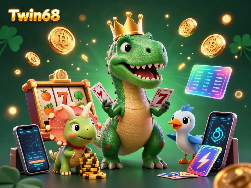 Engage with Twin68's thrilling gaming experience featuring colorful slot reels, a friendly T-Rex, and vibrant crypto elements.