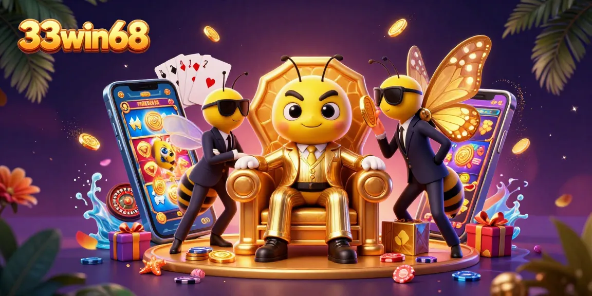 Experience the excitement of 33win68 with a detailed illustration of a bumblebee mob boss and gaming elements.