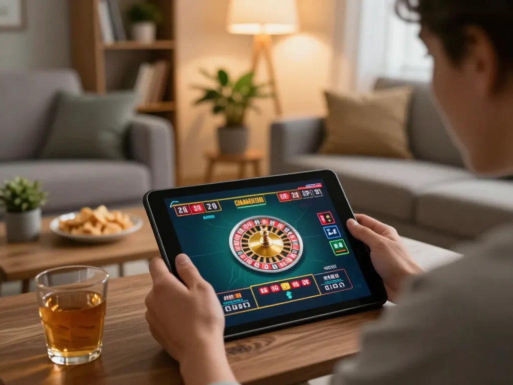 lc88 online gambler playing roulette on tablet in cozy living room.