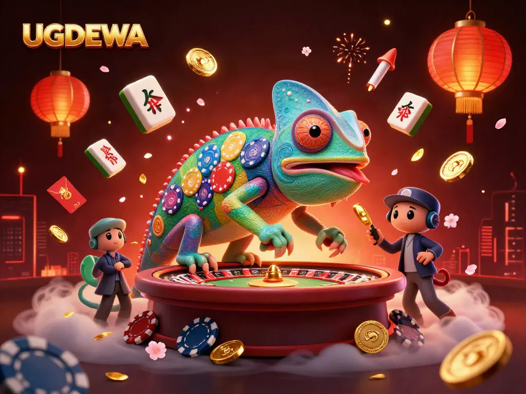 Engage in gaming excitement at UGDEWA with a chameleon casino owner attracting golden coins and festive decorations.