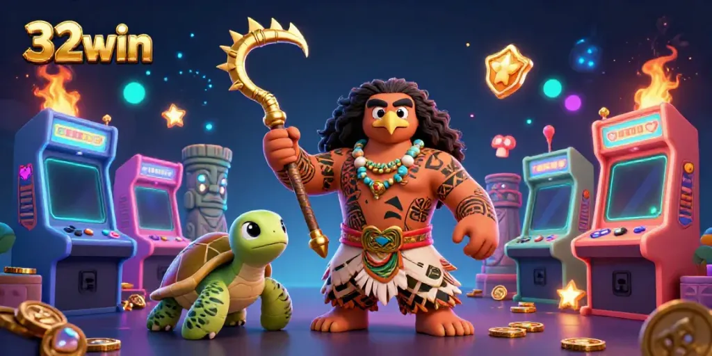 Experience thrilling casino excitement with 32win's vibrant 3D scene depicting dynamic gaming action.