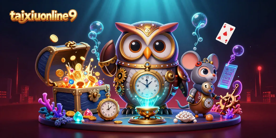Win with advanced strategies at taixiuonline9, featuring a cartoon owl and mouse in a vibrant casino scene.