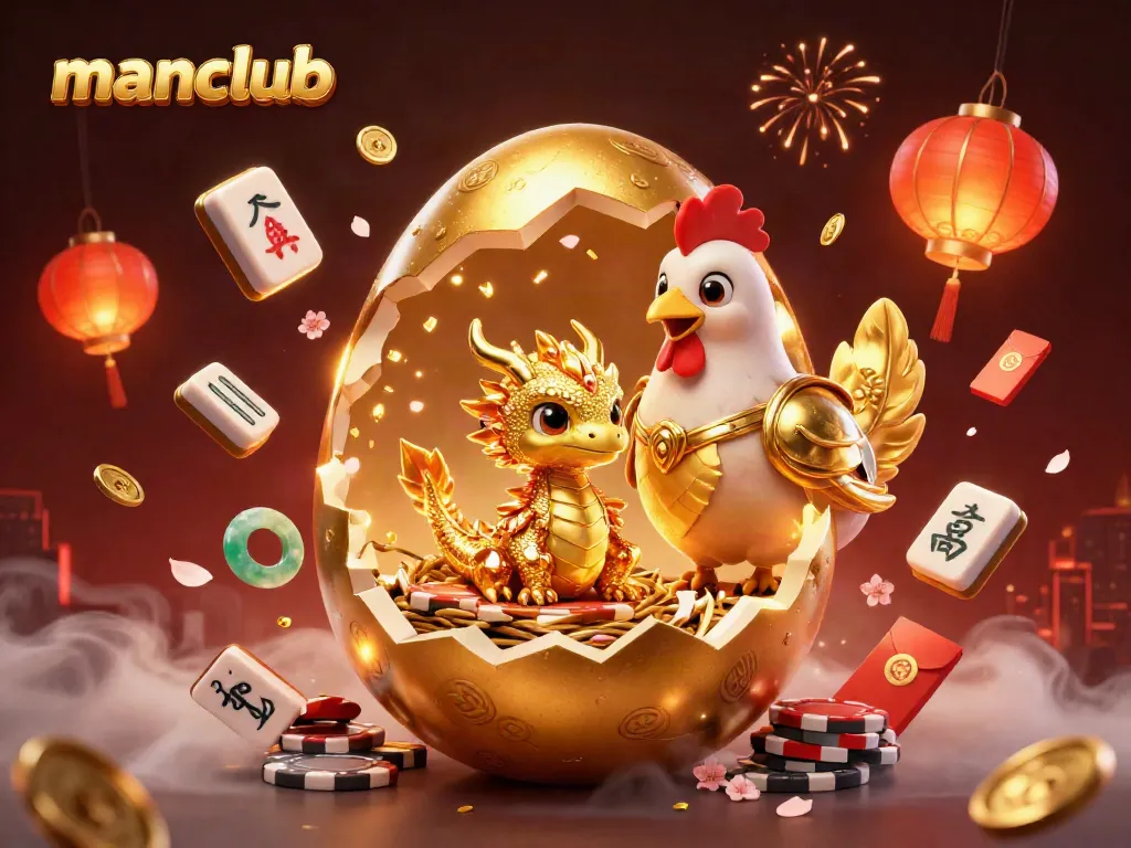 Experience exciting gaming thrills at manclub with a golden dragon and poker chips in a festive scene.