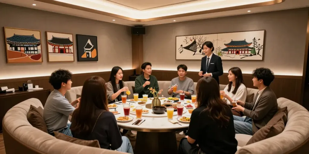 강남 구구단의 고급스러운 독립 룸에서 친구들이 즐거운 시간을 보내고 있는 모습