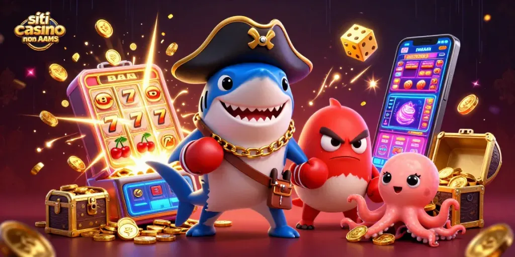 Scopri i migliori siti casino non AAMS con un'illustrazione vibrante che celebra il divertimento del gioco d'azzardo.