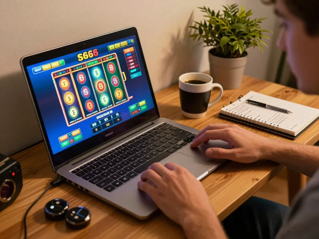 Engaging in s666 slot machine gameplay on laptop with cozy atmosphere and strategic notes