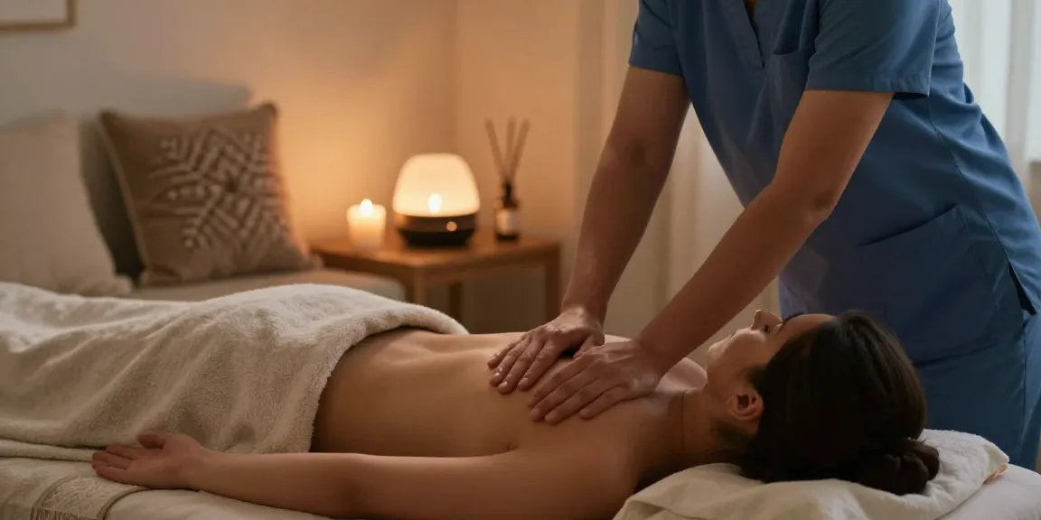 Deep tissue massage therapy at home setting, showcasing 용산출장안마 service with cozy atmosphere and professional therapist.