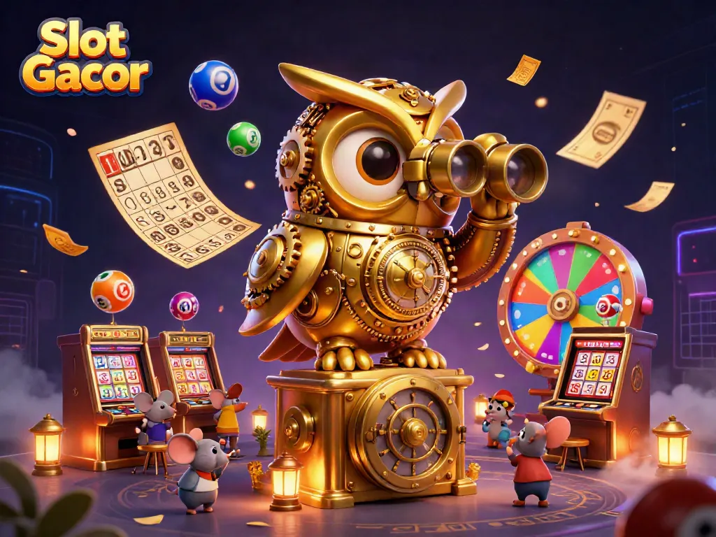 Engaging Slot Gacor scene featuring a golden owl overseeing lively mouse patrons engaging with vibrant casino elements.