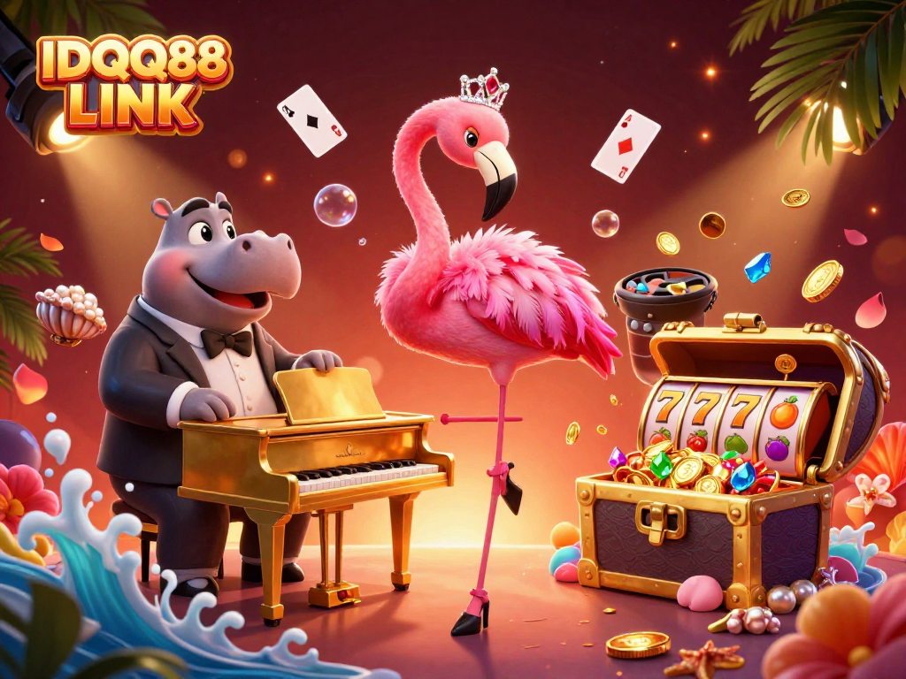 Engage with IDQQ88 LINK as a flamingo singer entertains in a vibrant casino scene.