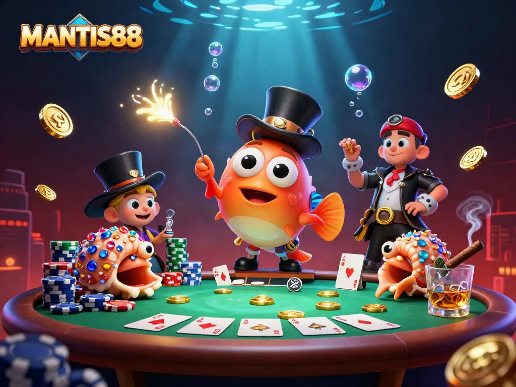 Experience winnings with MANTIS88 as a deep-sea anglerfish, pirate shrimp, and gem snail navigate a vibrant poker scene.