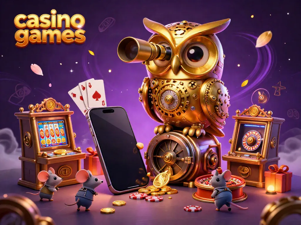 Engage with thrilling casino games featuring a golden owl and colorful gaming elements.