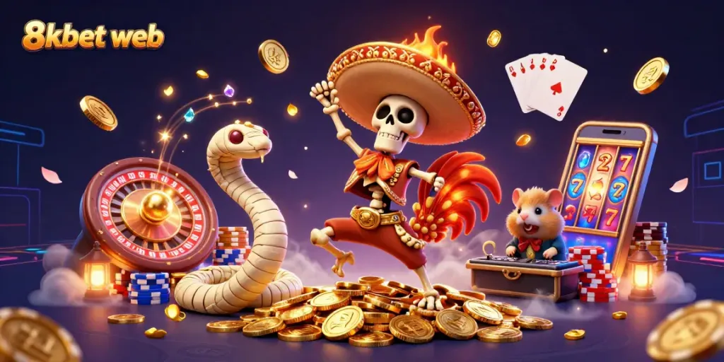 Engage in thrilling games with 8xbet web, showcasing dynamic characters and casino elements.