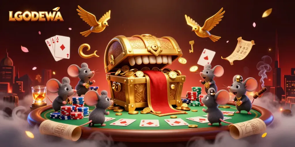 Experience LGODEWA's thrilling adventure with cartoon mice discovering treasures in a vibrant casino scene.