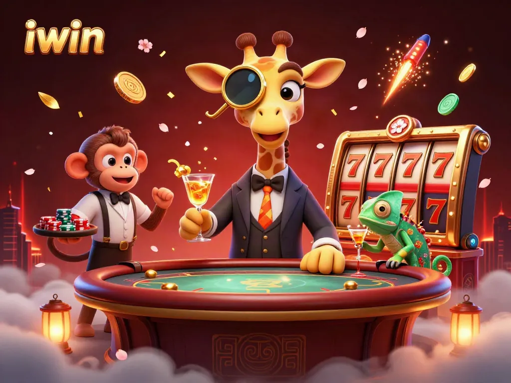 Spin slots with iwin in a vibrant casino scene featuring animals and festive details.
